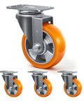 Badass Heavy Duty 4 Inch Swivel Caster Wheels Set Of Four With Aluminum Core And Sweet Rolling Polyurethane Treads For Quiet Non Marking Cart Or Workbench Upgrades At 1200 Pounds - close-up of a caster wheel with orange tread.