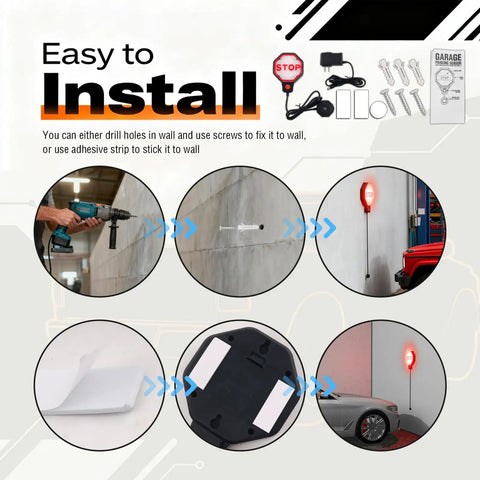 Adjustable LED Garage Parking Sensor With Dual Power Hookups And Glowing Color Coded Warning Lights Portable Car Stop Aid installation steps.