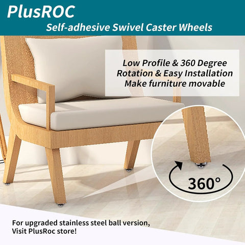 Self Adhesive Caster Wheels 1 Inch for Furniture and Kitchen Appliances, installed on chair legs, showing swivel function.