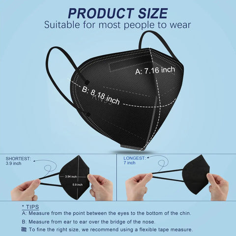 Black KN95 Face Masks 30 Pack, 5 Ply Breathable Comfort Cup Style with size measurements for adults, men and women.