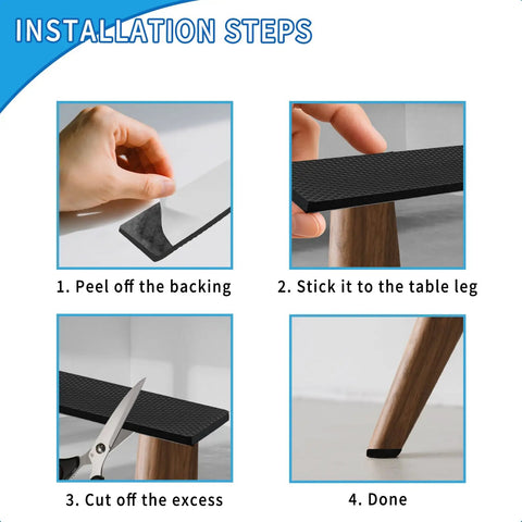 Installation steps for Premium Thick Furniture Pads 12 Piece Kit featuring heavy duty self adhesive non slip grippers.