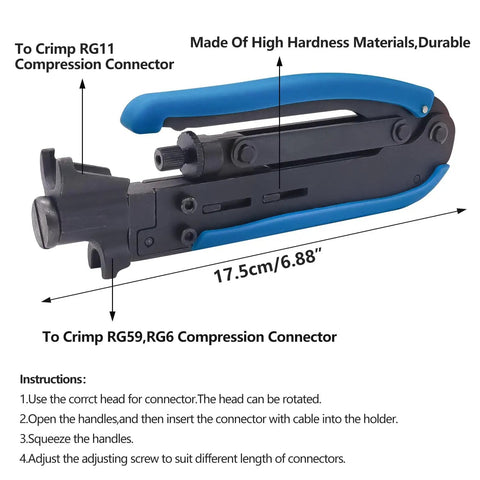 Pro Grade Coax Cable Crimping Kit with Adjustable Tool for RG6 RG59 RG7 RG11 Compression Connectors, durable non-slip handle
