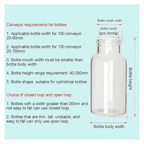 Conveyor requirements for bottles diagram showing dimensions for use with Pro Grade Automatic Liquid And Honey Filling Machine.