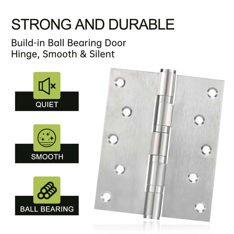 Image of a strong and durable Beefy Heavy Duty Stainless Steel Ball Bearing Door Hinge, 5 by 4 inch, with key features highlighted.