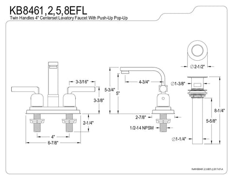 Diagram of Centurion 4-Inch Centerset Bathroom Faucet in Brushed Nickel with dimensions, showing 2-hole deck mount design.