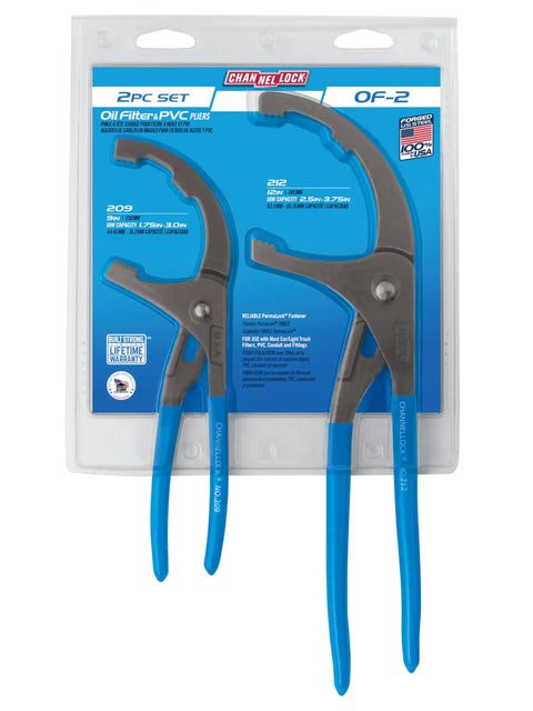 Heavy Duty Oil Filter And PVC Pliers Set With 9 Inch And 12 Inch Pliers Made In USA. Set in retail packaging on white background.