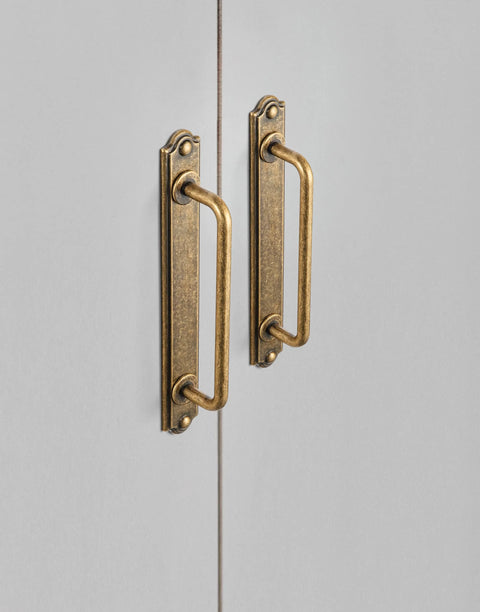Antique Brass Drawer Pulls With Backplates Five Point Zero Four Inch Center To Center Zinc Alloy Cabinet Handles on cabinet doors