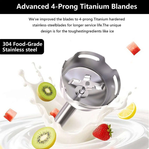 Heavy Duty 1000W Immersion Stick Blender With 12 Speed Settings And Turbo Boost blending fruits in creamy liquid, showing 4-prong stainless steel blades.