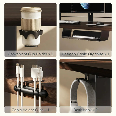 Electric Height Adjustable L Shaped Standing Desk accessories: cup holder, cable organizer, cable clips, desk hooks.