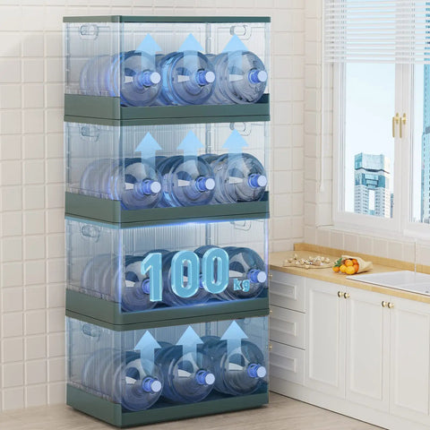 Kickass 19 Gallon Heavy Duty Foldable Storage Bin With Snap On Front Opening And Secure Lid Stackable Plastic Organizer Box Dope Green setup with water bottles.
