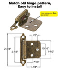Antique Brass Cabinet Hinges Spice Up Your Kitchen Without Fuss, displaying dimensions and installation details for 1/2 inch overlay design.