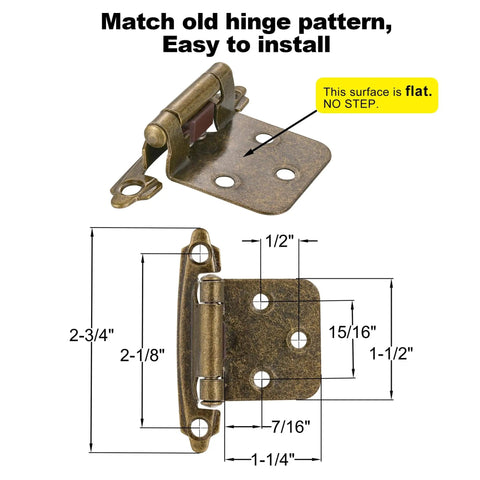 Antique Brass Cabinet Hinges Spice Up Your Kitchen Without Fuss, displaying dimensions and installation details for 1/2 inch overlay design.
