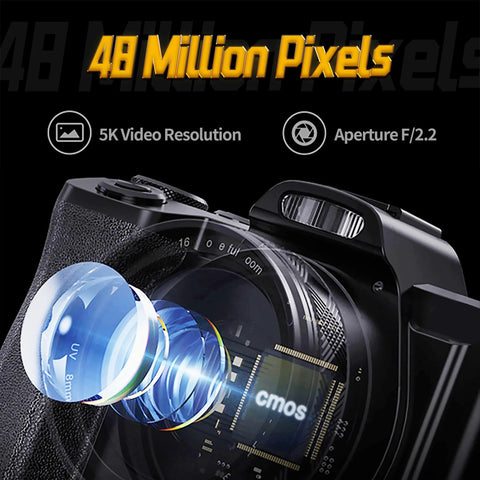 Industrial camera front view with exposed lens elements; shows 5K video resolution and F/2.2 aperture.