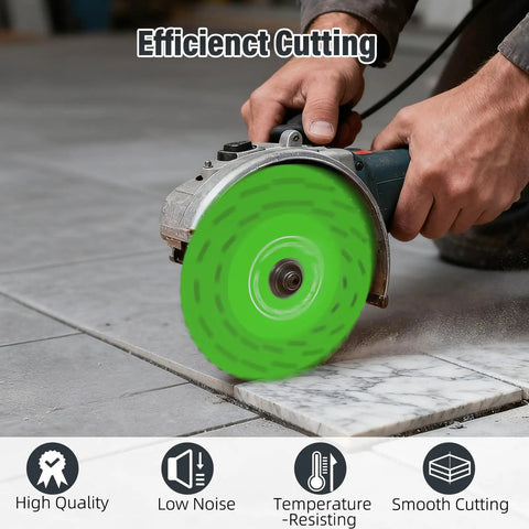 Person using a 5-piece 4.5 inch glass cutting disc for angle grinder ultra-thin diamond saw blade on marble tile for precise cuts.