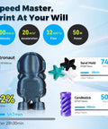 Image featuring 3D printed astronaut, star molds, and candlestick showcasing print speed and features of Pro Grade CoreXY 3D Printer With 600mm/s High Speed, 280C Quick Swap Hotend (0.4mm Or 0.6mm), Silent 50dB Operation, Built In Camera, 220 X 220 X 220 Mm Build Volume, Includes 250g PLA Spool In Black.