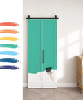 36 By 84 Inch Bifold Barn Door Single Panel Primed White Interior Sliding Closet Organizer painted in teal color with brush