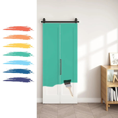 36 By 84 Inch Bifold Barn Door Single Panel Primed White Interior Sliding Closet Organizer painted in teal color with brush