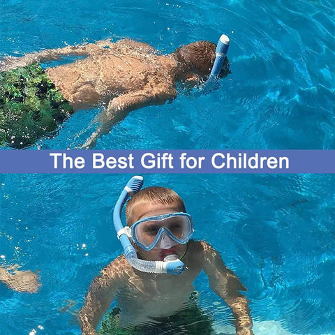 Kid Friendly Snorkel Set For Young Explorers With Anti Fog Mask Silicone Skirt Purge Valve Dry Splash Guard Adjustable Head Straps Clear Glass Junior Size For Ages 3 To 10 Dark Blue worn by child in pool