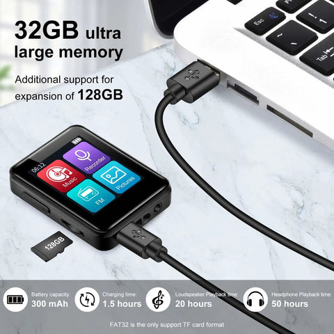 Bluetooth 5.2 MP3 Player With 32GB Built In, Dope Portable Mini Music Player, USB connected to laptop, microSD on marble surface