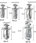 Tough As Nails Expanding Drywall Plugs And Peanut Nut Kit, 100 Piece Assorted M4 M5 M6 M8 Zinc Steel fasteners, sizes M4-20, M4-25, M5-25, M6-25, M8-30 shown