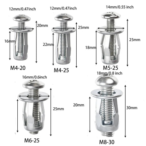Tough As Nails Expanding Drywall Plugs And Peanut Nut Kit, 100 Piece Assorted M4 M5 M6 M8 Zinc Steel fasteners, sizes M4-20, M4-25, M5-25, M6-25, M8-30 shown