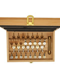 Copper Watch Winder Repair Set With High Handle Winding Tools in open wooden storage box, showing 20 copper tools.