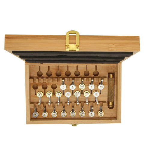 Copper Watch Winder Repair Set With High Handle Winding Tools in open wooden storage box, showing 20 copper tools.