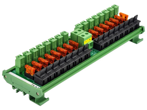 16 Channel Power Distribution Module With Rocker Switch And Fused Pluggable Side Wiring Terminal Block DIN Rail And Screw Mount Supports 5 To 32V DC And Up To 52 Amps Dual Input Terminal Block For Easy Install Wiring