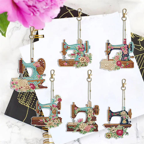 Six Piece DIY 5D Sewing Machine Diamond Painting Keychain Kit Set double sided, colorful resin rhinestones on notebook