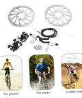 Top Shelf Mountain Bike Disc Brake Kit Featuring Robust Hydraulic Mechanical Calipers With Snappy Engagement And Rock Solid Coated Rotors For Reliable Trail Control, includes calipers and rotors.