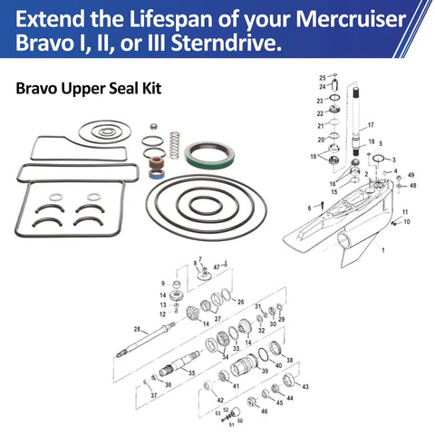 Upper Unit Seal Kit For Bravo Stern Drive Replacement Marine Grade Gasket Set To Stop Leaks Restore Performance And Smooth Shifts For Bravo I II III Today with diagrams and components.