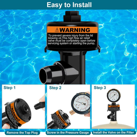Uharbour air relief valve with pool filter pressure gauge; black valve with orange warning label.