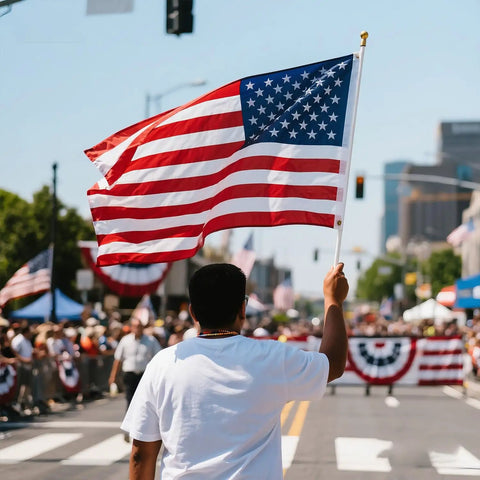 Person holding a Heavy Duty 5x8 American Flag For Outdoor Use Built To Last Embroidered USA Stars And Stripes All Weather Exterior Flag in parade