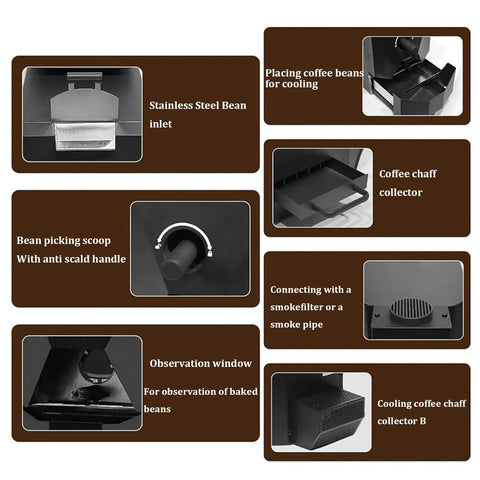 Zero Stress Heavy Duty Automatic Electric Coffee Bean Roaster With Built In Smoke Filter And Nine Smart Roasting Curves For Killer Flavor And Super Smooth Commercial Operation components overview including stainless steel bean inlet, cooling tray, and chaff collector.