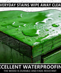 Close-up of green wood finished with No Sweat Heavy Duty Green Wood Stain And Deck Sealant For Exterior Fences Porch Boards And Patio Decks Zero VOC Matte Finish.