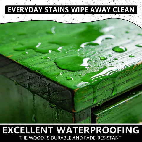 Close-up of green wood finished with No Sweat Heavy Duty Green Wood Stain And Deck Sealant For Exterior Fences Porch Boards And Patio Decks Zero VOC Matte Finish.