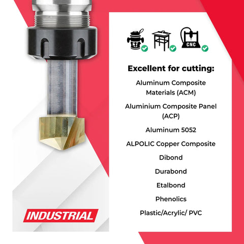 Snag These Heavy Duty Zirconium Nitride Coated Carbide V Groove Router Bits, suitable for ACM, aluminum, and plastic cutting.