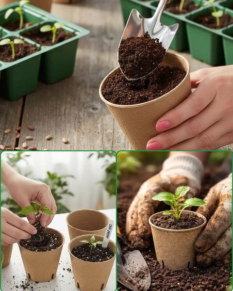 Hands planting seeds in Eco Friendly 3.15 Inch Peat Pots Set Of 60 Biodegradable Seed Starter Pots with 60 Labels for Seed Starting.