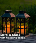 Bronze Hanging Solar Lanterns Two Pack Outdoor Waterproof Decorative Lanterns With Cozy Flickering LED Candles, garden setting
