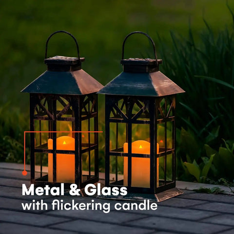 Bronze Hanging Solar Lanterns Two Pack Outdoor Waterproof Decorative Lanterns With Cozy Flickering LED Candles, garden setting