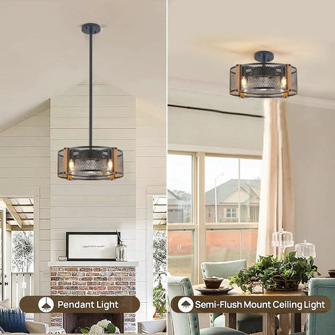 Farmhouse Caged Ceiling Fan With Lights And Remote Control, 17 Inch Low Profile Rustic Wood Color, Pendant and Semi-Flush Mount