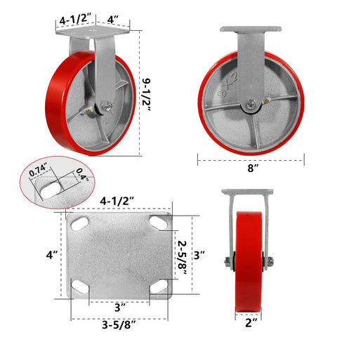 Heavy Duty Eight Inch Caster Wheels Set Of Four Polyurethane Swivel Casters With Six Thousand Pound Capacity Glides Like Butter For Shop Carts with detailed dimensions.