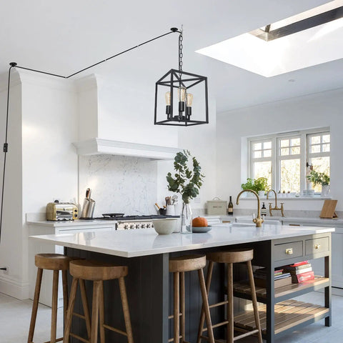 Industrial Farmhouse Plug In Pendant Light With 16.9ft Cord, Black Square Chandelier in modern kitchen over island