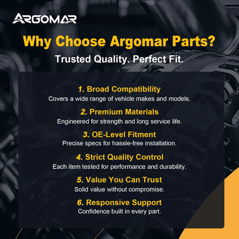 Argomar Parts features: Broad Compatibility, Premium Materials, OE-Level Fitment, Strict Quality Control, Value, and Responsive Support.