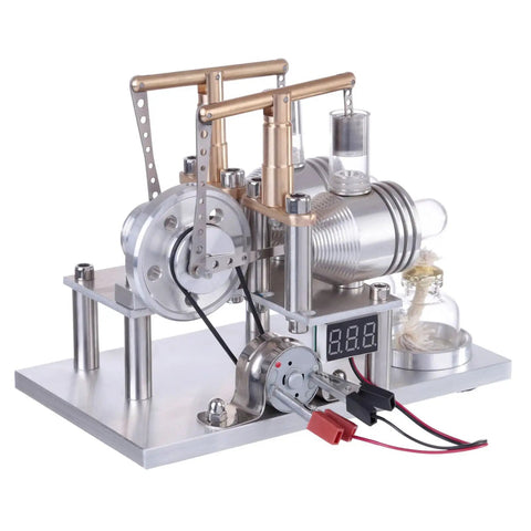 Top-Tier Stirling Engine Generator Model Set 3 twin-cylinder brass and aluminum alloy desktop physics demo kit with quartz glass parts.