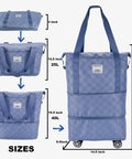 Front view of blue checkerboard expandable duffel bag with wheels; carry-on luggage, extends to 55L