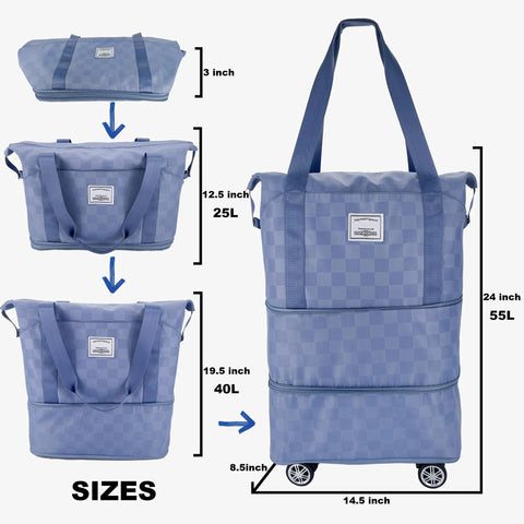 Front view of blue checkerboard expandable duffel bag with wheels; carry-on luggage, extends to 55L