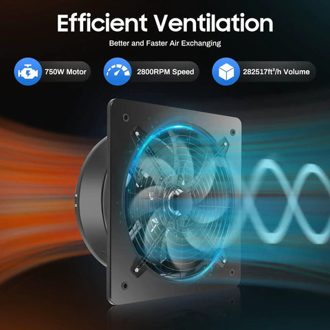 Side view of Beefy 750W Industrial Axial Flow Exhaust Fan With 8000 CFM Airflow 2800 RPM Wall Mount Ventilator showcasing airflow effect.