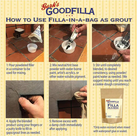 Gork's Goodfilla Filla-in-a-bag how-to guide showing steps to mix and apply Pro Grade Wood And Grain Filler Powder That Tints Easily To Match Any Finish Flawlessly Sanding Smooth With Zero Sink Or Crack Issues For Total No Sweat DIY Perfection And A Killer Final Look In A Four Ounce Bag.