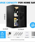 Two Point Eight Cu Ft Steel Electronic Safe Box For Home And Office With Digital Lock Documents Money Jewelry Big Capacity Storage Sensor Light Removable Shelf Quiet Mute Function Heavy Duty Security Vault shown in image dimensions and accessories.